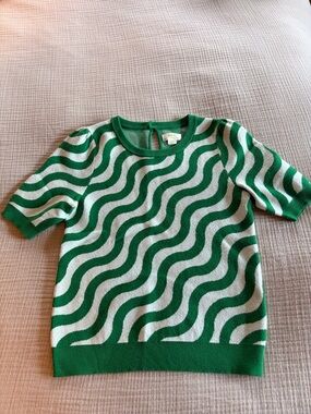 Maeve Green and White Wavy-Stripe Short-Sleeve Knit Top